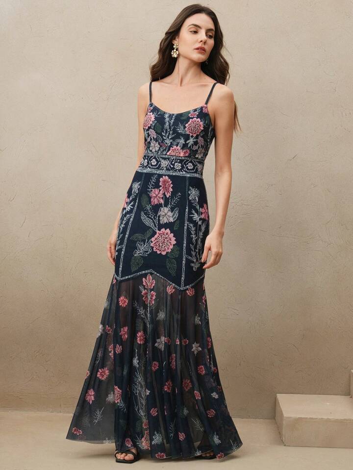 CM-DS054696 Women Elegant Seoul Style Floral Splice Printed V-Neck Sleeveless Mermaid Hem Dress - Blue