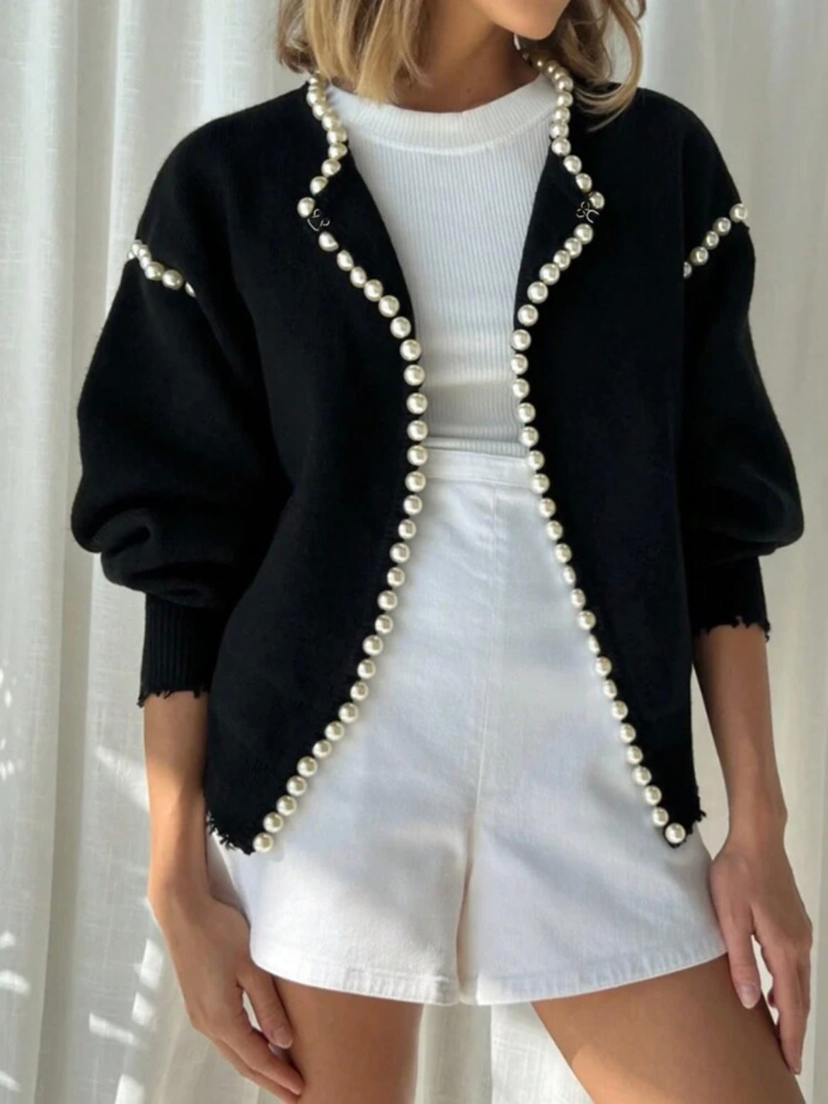 CM-CS696698 Women Casual Seoul Style Pearl Trim Distressed Hem Long Sleeve Knit Sweater - Black