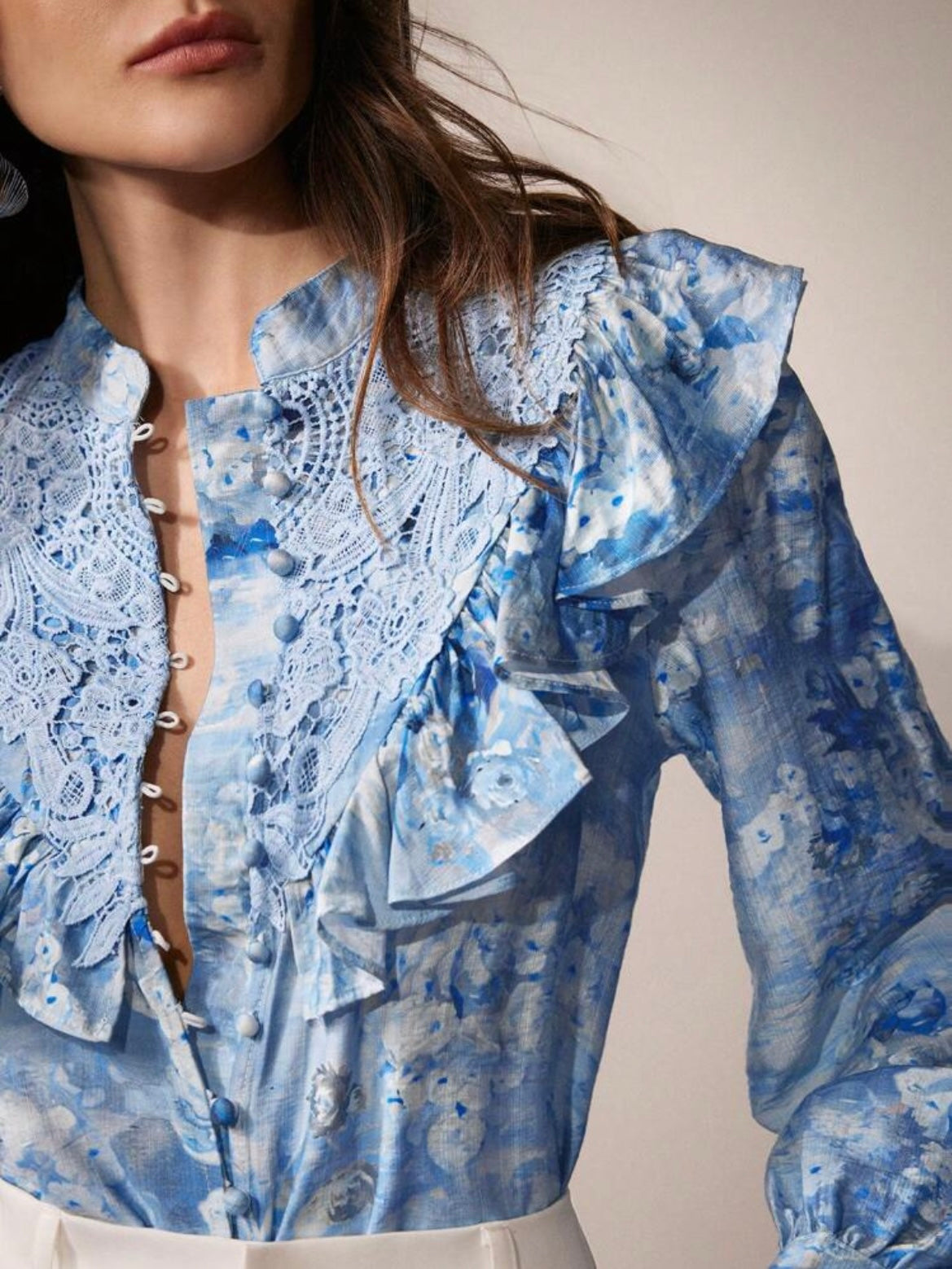 CM-TS773607 Women Elegant Seoul Style Floral Print Lace Ruffled Trim Blouse - Blue