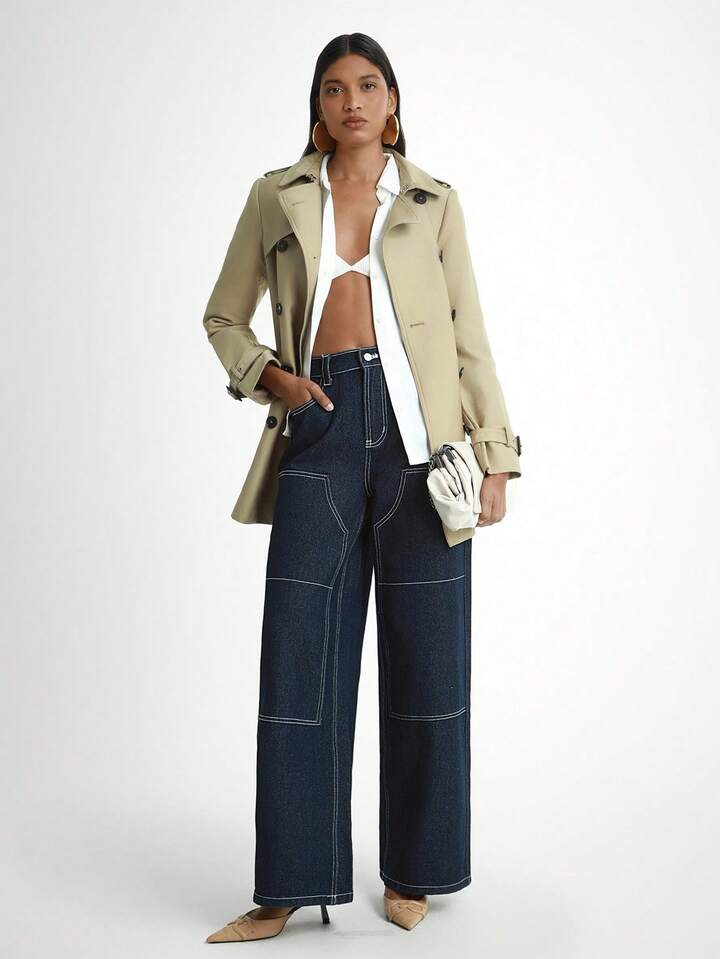 CM-BS236389 Women Casual Seoul Style Dark Wash High Waist Button Fly Extra Long Wide Leg Jeans