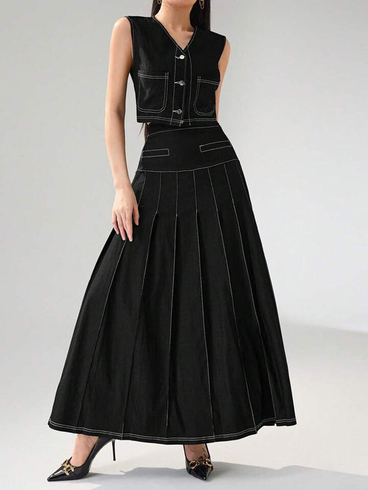 CM-SS928272 Women Elegant Seoul Style V-Neck Front Button Sleeveless Blouse With A-Line Skirt - Set