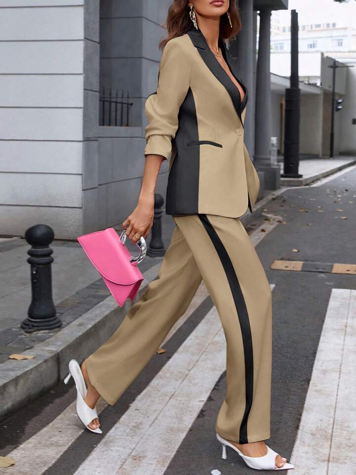 CM-SS512209 Women Elegant Seoul Style Contrast Color Lapel Neckline Long Sleeve Blazer With Suit Pants - Set