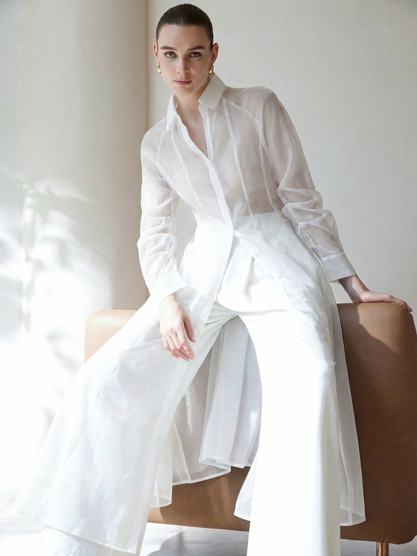 CM-TS744413 Women Casual Seoul Style Translucent Textured V-Neck Long Sleeve Gathered Waist Shirtdress - White