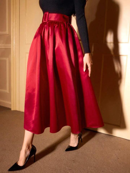 CM-BS522726 Women Elegant Seoul Style Ultra High Waist Satin Flared Hem A-Line Skirt - Red