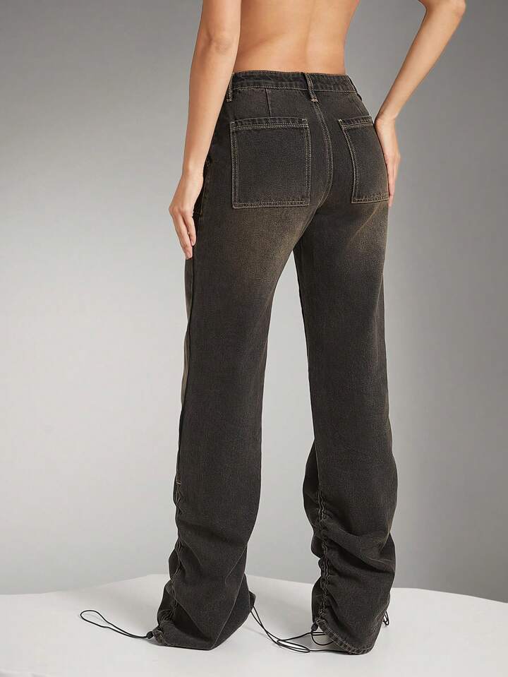 CM-BS159999 Women Casual Seoul Style Ruched Hem Tinted Utility Wide Leg Denim Jeans