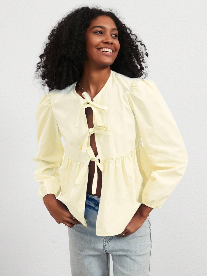 CM-TS481897 Women Casual Seoul Style Print Ruffle Hem Tie Long Sleeve Shirt - Yellow