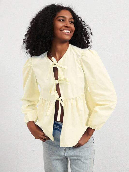 CM-TS481897 Women Casual Seoul Style Print Ruffle Hem Tie Long Sleeve Shirt - Yellow