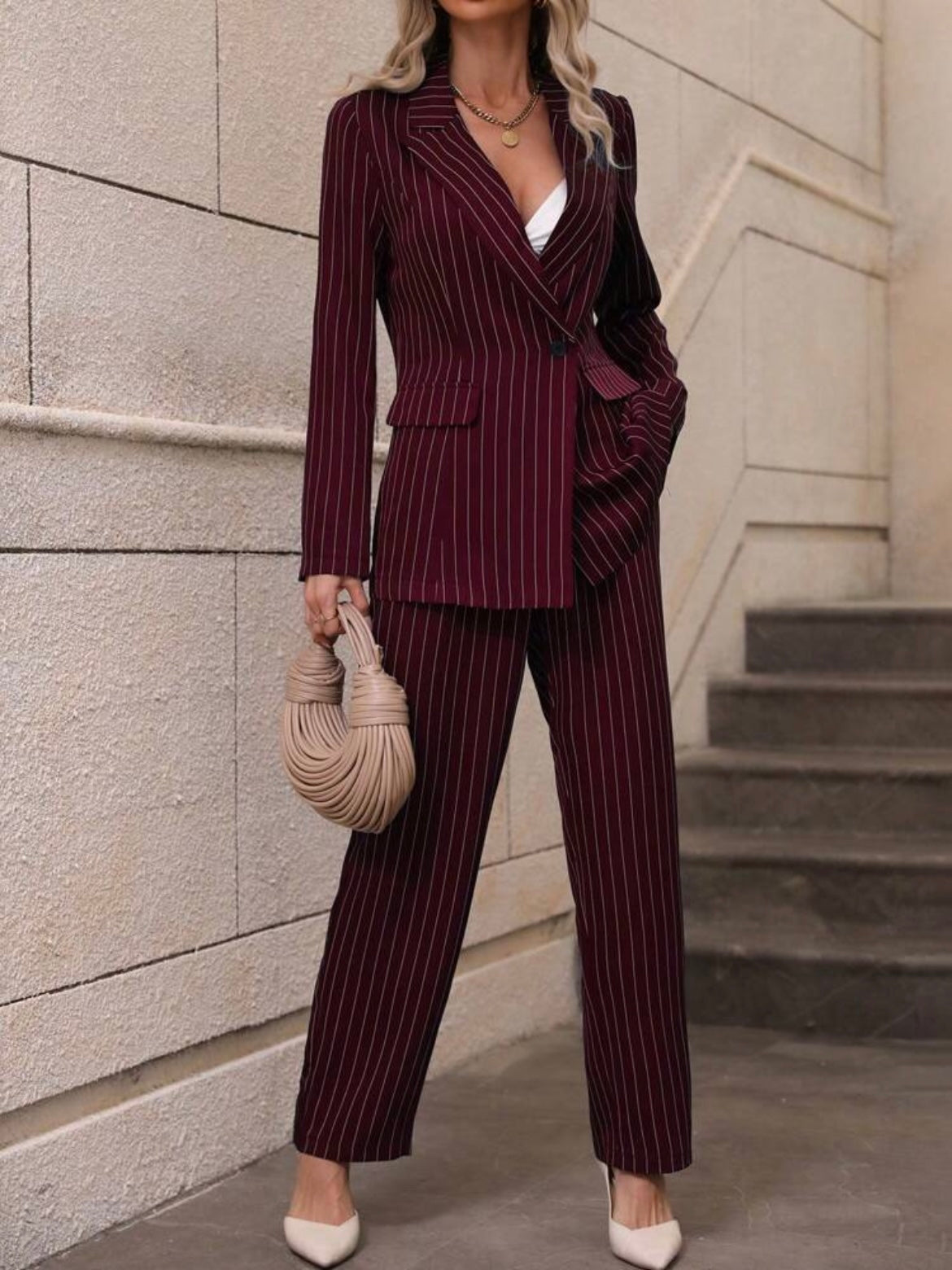 CM-SS510070 Women Elegant Seoul Style Striped Front Button Long Sleeve Blazer With Long Pants - Set