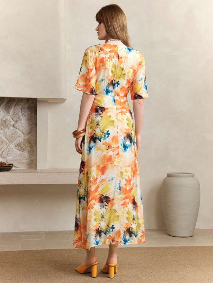 CM-DS272968 Women Casual Seoul Style Tie-Dye Deep V-Neck Flounce Sleeve Waist-Cinching Slim Dress - Yellow