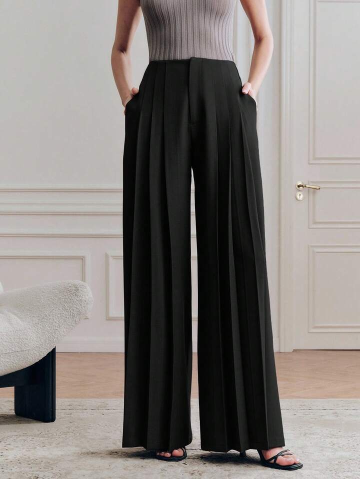 CM-BS227697 Women Elegant Seoul Style High Waist Loose Draping Wide Leg Pants - Black