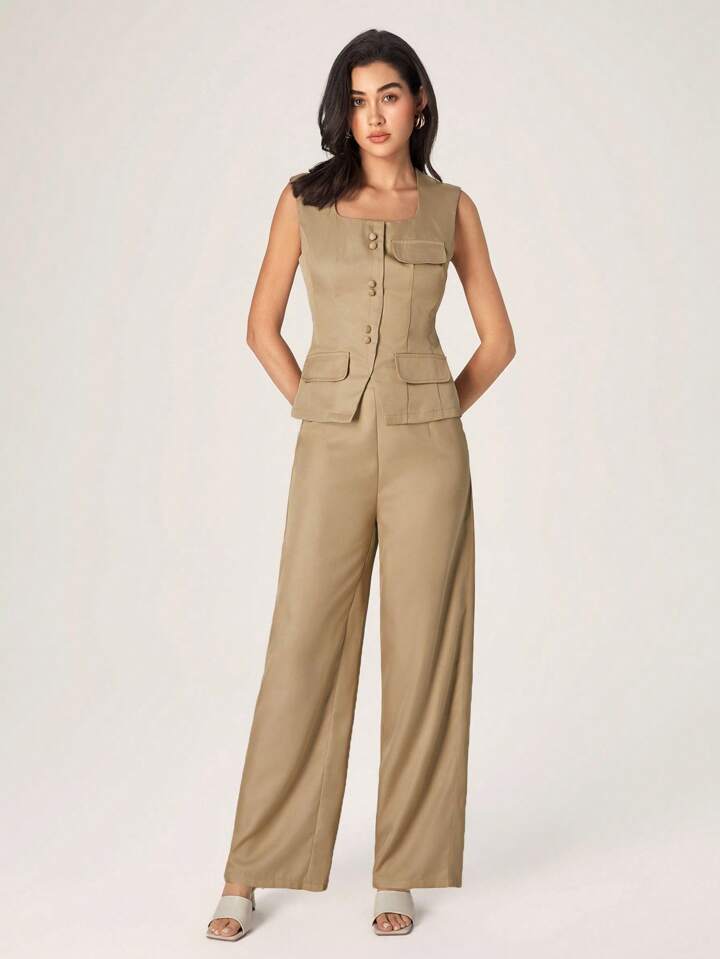 CM-SS846945 Women Elegant Seoul Style Solid Color Single-Breasted Square Collar Vest With Pants - Rust Brown