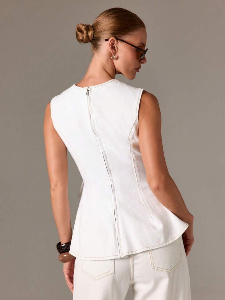 CM-TS493711 Women Casual Seoul Style Round Neck Sleeveless Peplum Denim Top - White