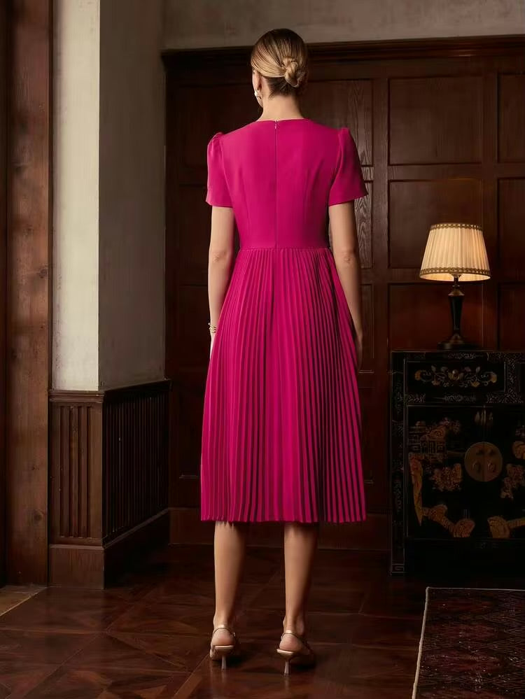 CM-DS609773 Women Elegant Seoul Style Round Neck Puff Sleeve Pleated Hem A-Line Mid-Length Dress - Hot Pink