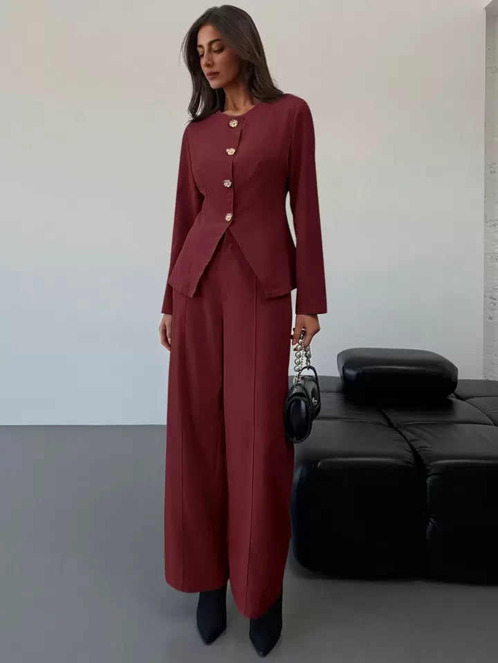 CM-SS012207 Women Elegant Seoul Style Slim Fit Round Neck Long Sleeve Top With Floor-Length Straight Leg Pants - Set