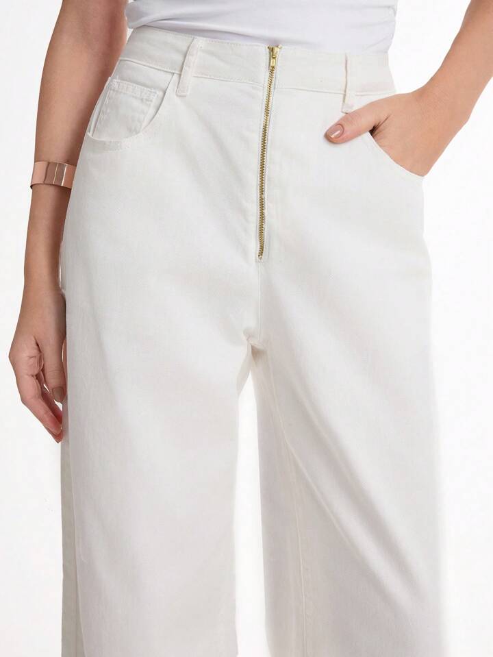 CM-BS771236 Women Casual Seoul Style High Waist Extra Long Denim Straight Leg Pants - White
