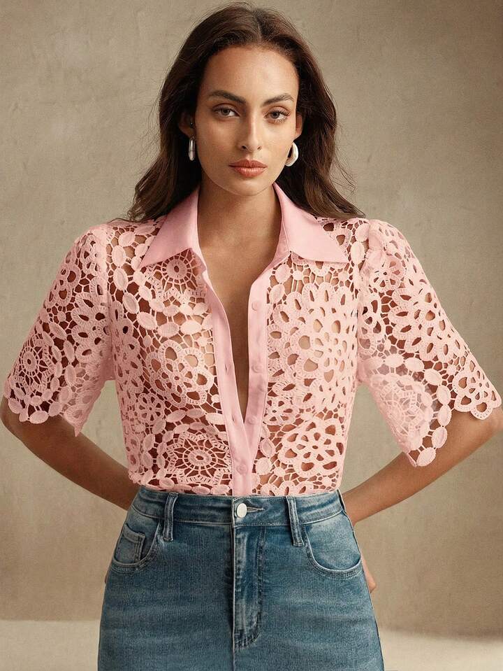 CM-TS474111 Women Casual Seoul Style Collar Neckline Half Sleeve Floral Hollow Out Lace Shirt Blouse - Pink