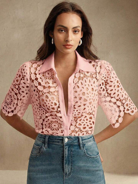 CM-TS474111 Women Casual Seoul Style Collar Neckline Half Sleeve Floral Hollow Out Lace Shirt Blouse - Pink