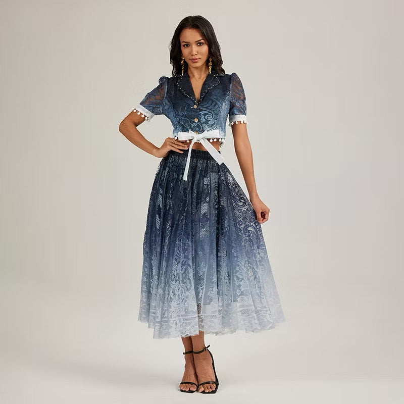 CM-SY044423 Women Elegant European Style Collar Neckline Short Sleeve Cropped Top With Long Skirt - Set