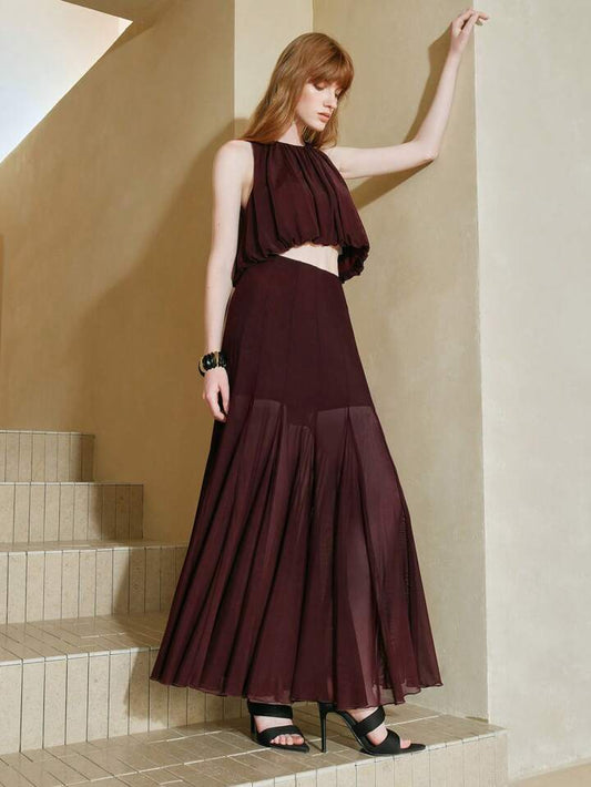 CM-SS547774 Women Trendy Bohemian Style Mesh Sleeveless Halter Neck Tank Top With Fitted Maxi Skirt - Set
