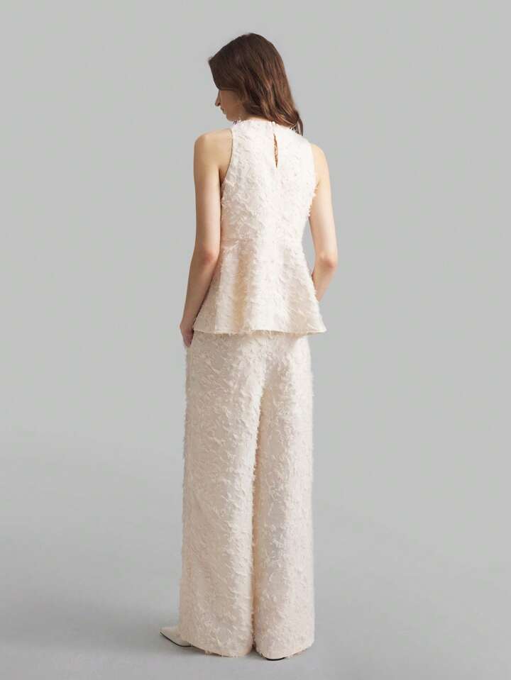 CM-SS081171 Women Elegant Seoul Style Texture Round Neck Sleeveless Top With Wide Leg Pants - Set