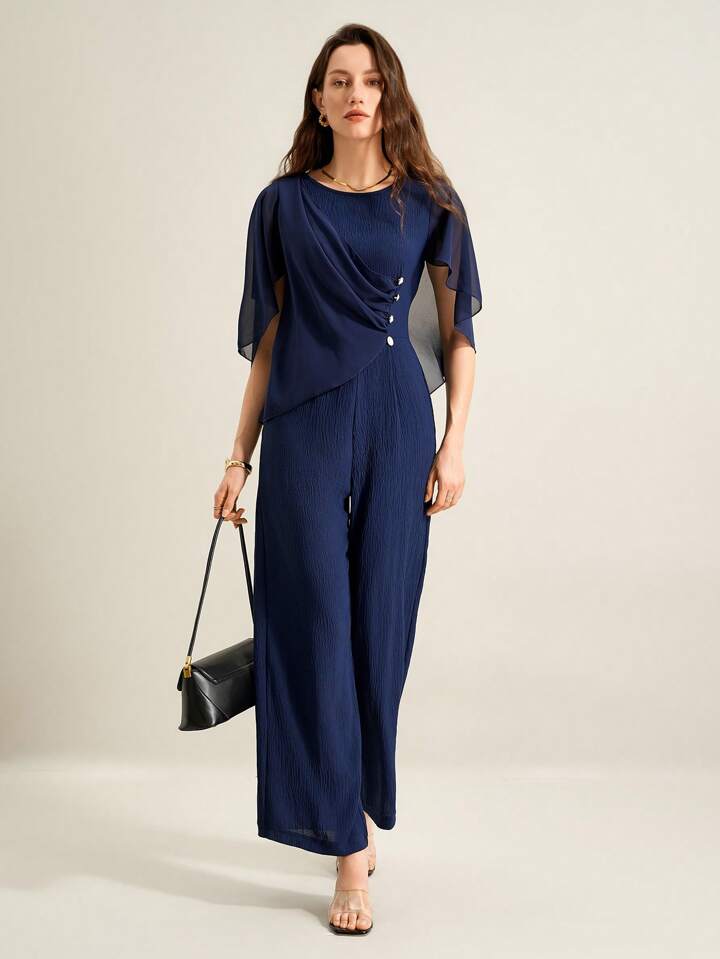 CM-JS259882 Women Elegant Seoul Style Round Neck Cloak Sleeve Chiffon Jumpsuit - Navy Blue