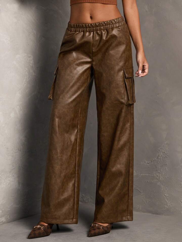 CM-BS533264 Women Elegant Seoul Style Elastic Waist PU Leather Wide Leg Loose Pants - Brown