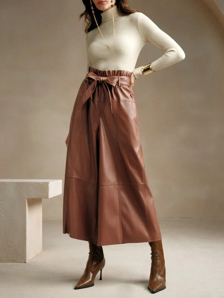 CM-BS442907 Women Elegant Seoul Style High Waist Faux Leather Wide Leg Pants - Brown