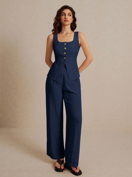 CM-SS648687 Women Casual Seoul Style Metal Button Embellishment Split Square Neck Sleeveless Vest With Pants - Set