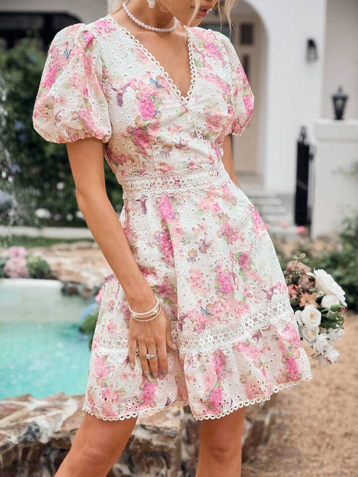 CM-DS571115 Women Trendy Bohemian Style Hollow Out Embroidered Floral Lace Patchwork Puff Sleeve Dress