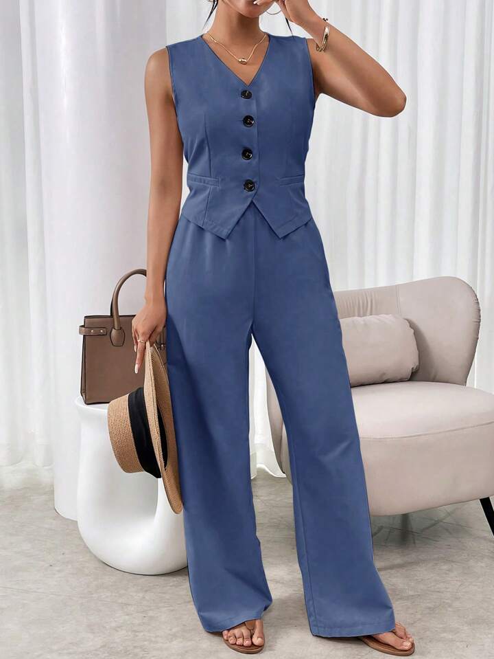 CM-SS164318 Women Casual Seoul Style V-Neck Sleeveless Single Breasted Suit Vest With Long Pants - Blue