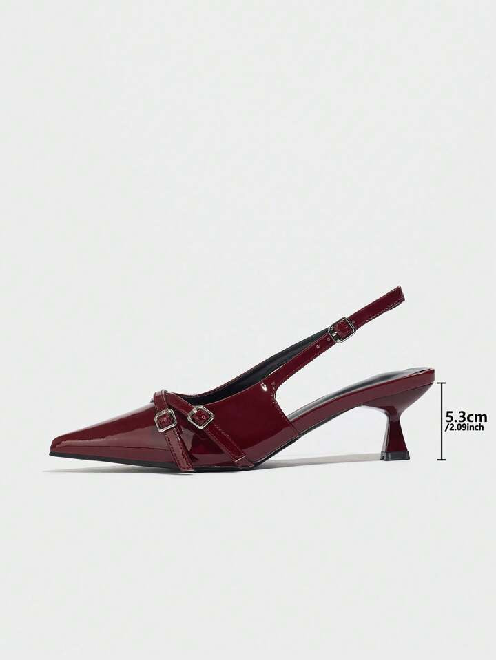 CM-SHS588161 Women Trendy Seoul Style Pointed Toe Kitten Heel Slingback Patent Leather Pumps - Burgundy