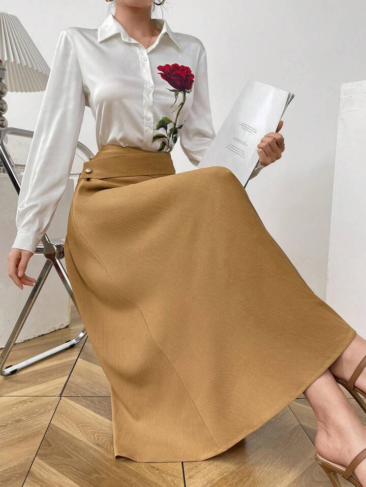 CM-BS198941 Women Casual Seoul Style Minimalist High Waist A-Line Long Skirt