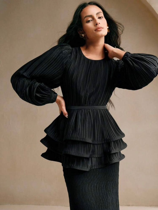 CM-TS222353 Women Elegant Seoul Style Round Neck Pleated Ruffle Hem Long Sleeve Blouse - Black