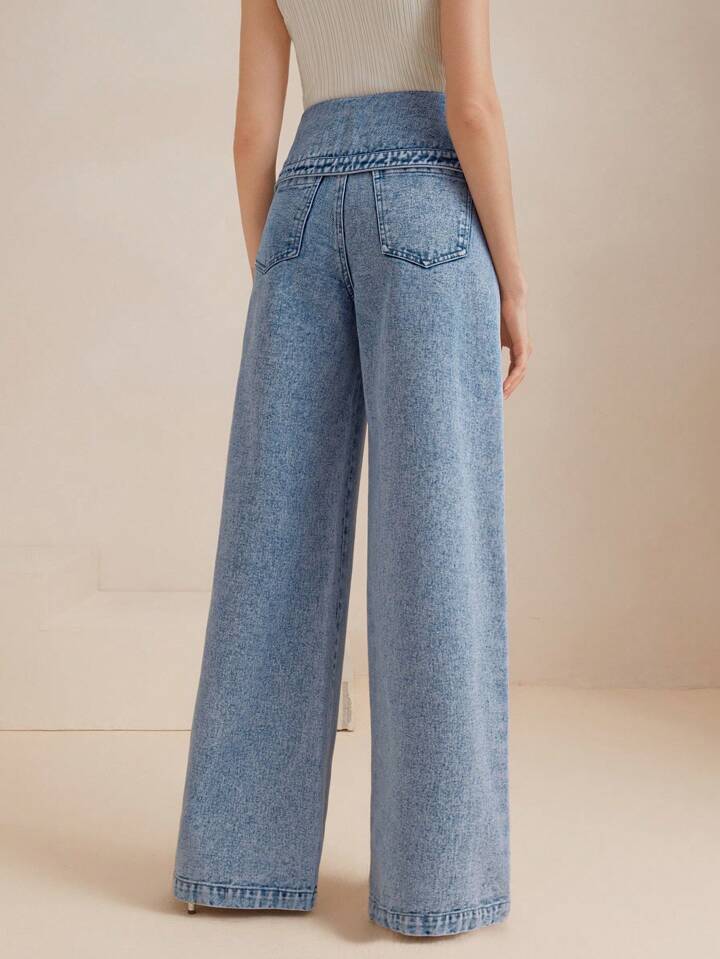 CM-BS088881 Women Casual Seoul Style High Waist Sophisticated Pleated Wide Leg Jeans - Blue