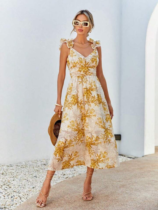 CM-DS942809 Women Trendy Bohemian Style Plant Printed Spaghetti Strap A-Line Dress