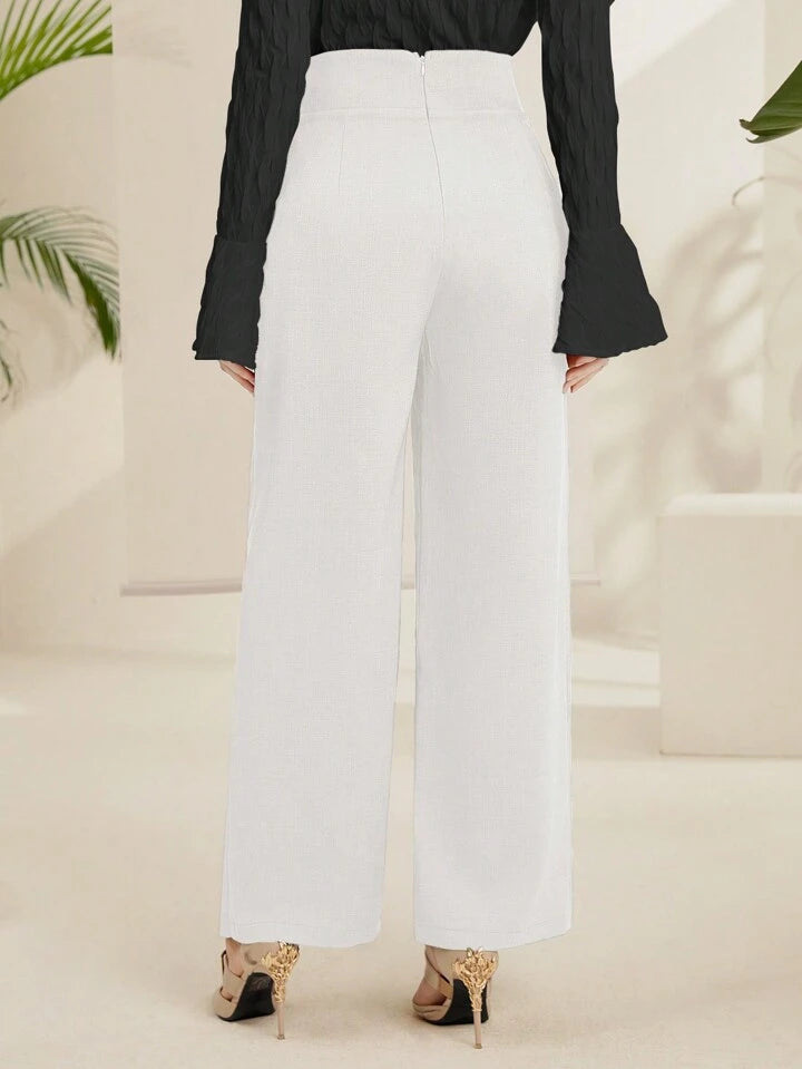 CM-BS156158 Women Casual Seoul Style Irregular Cut Solid Color Wide Leg Pants - White