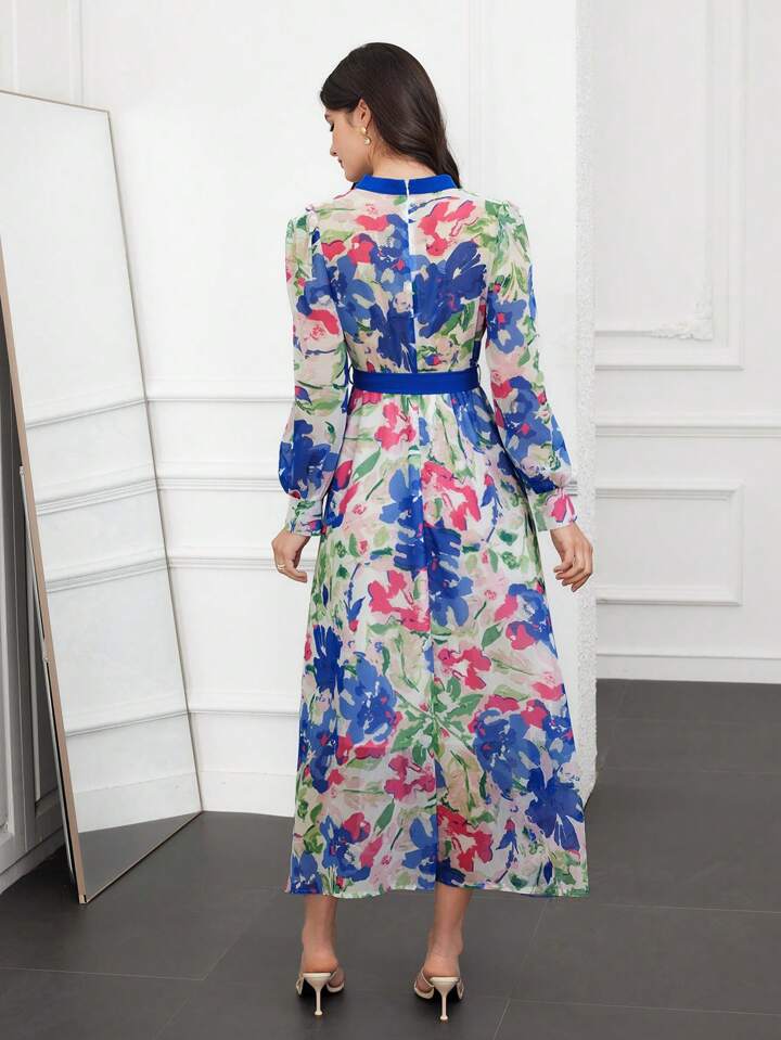 CM-DS149561 Women Trendy Bohemian Style Notched Collar Lantern Sleeve Dress