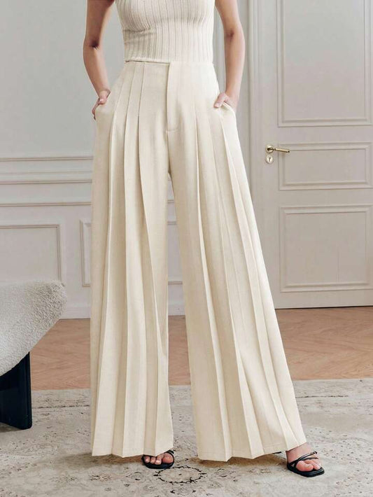 CM-BS083004 Women Elegant Seoul Style High Waist Loose Draping Wide Leg Pants - Apricot