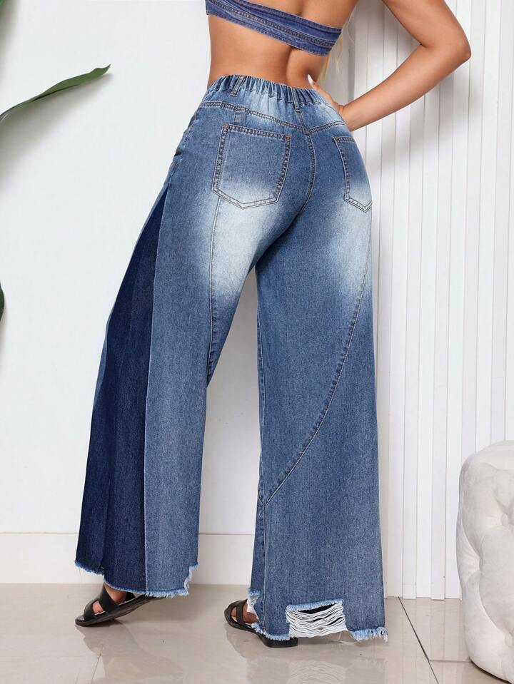 CM-BS102781 Women Casual Seoul Style Loose Fit Pocket Button Front Patchwork Denim Pants