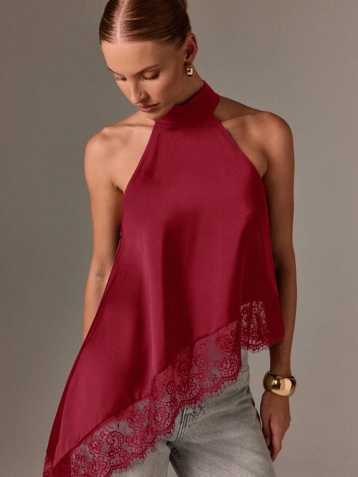 CM-TS403313 Women Elegant Seoul Style Asymmetrical High Neck Halter Top Lace Sleeveless Blouse - Burgundy