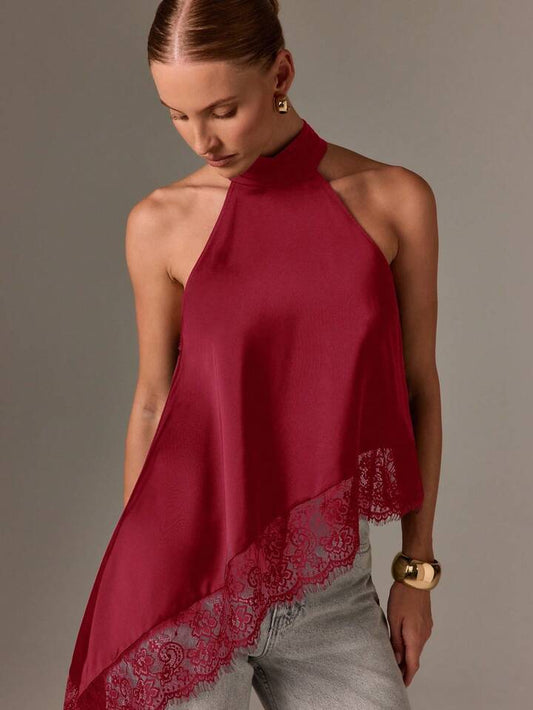 CM-TS403313 Women Elegant Seoul Style Asymmetrical High Neck Halter Top Lace Sleeveless Blouse - Burgundy