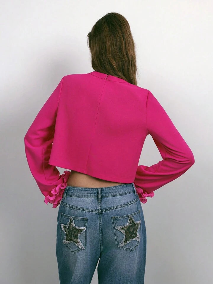 CM-TS102200 Women Casual Seoul Style Scoop Neck Patchwork Floral Cuff 3D Top - Hot Pink