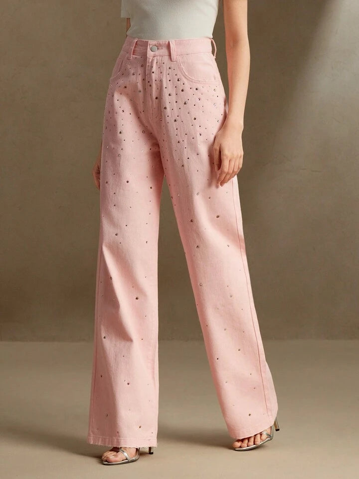 CM-BS806583 Women Casual Seoul Style Mid Waist Rhinestoned Decor Straight Leg Jeans - Pink