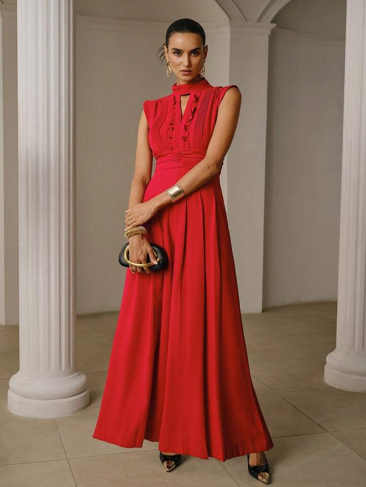 CM-JS328191 Women Elegant Seoul Style Notched Neckline Sleeveless Gathered Wide Leg Jumpsuit - Red