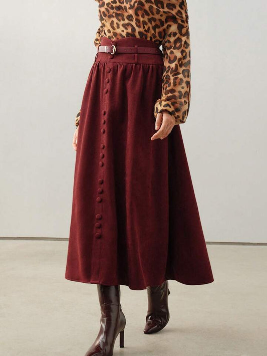 CM-BS566170 Women Elegant Seoul Style Suede Belted A-Line High Waist Maxi Skirt - Burgundy