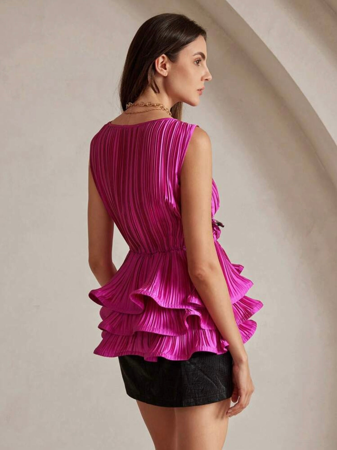 CM-TS557544 Women Elegant Seoul Style Multi-Layer Ruffle V-Neck Sleeveless Blouse - Rose Red