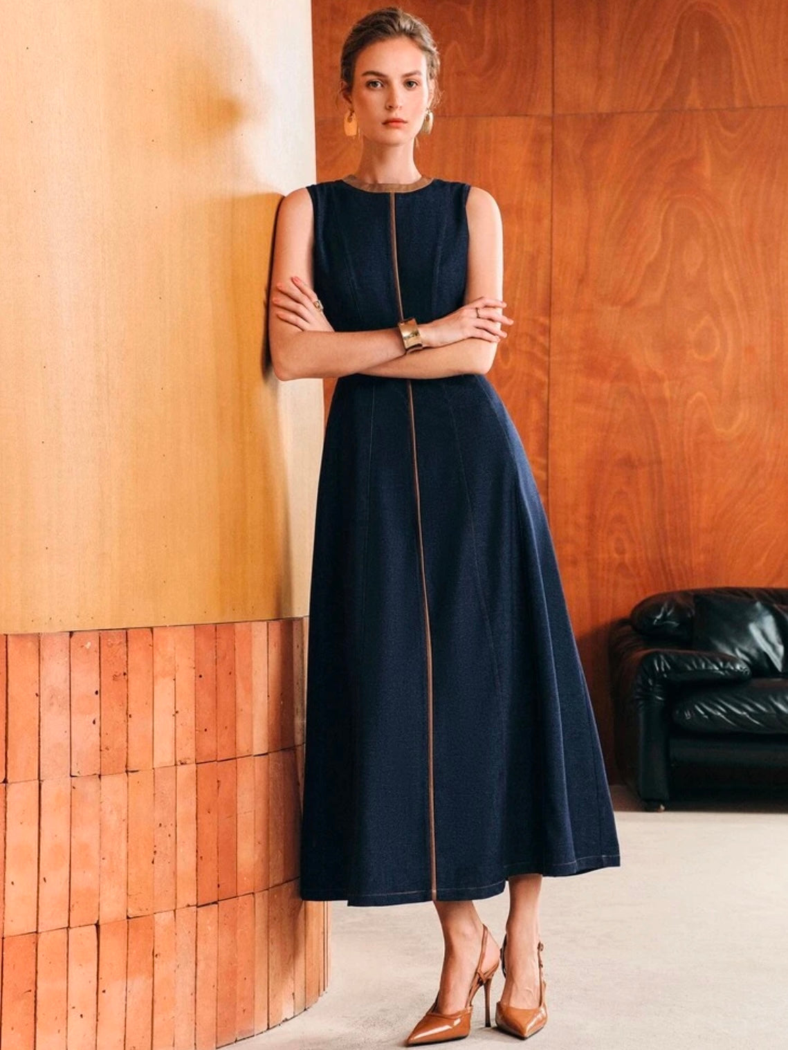 CM-DS805384 Women Elegant Seoul Style PU Collar Contrast Color Faux Denim Effect Long A-Line Sleeveless Dress - Navy Blue