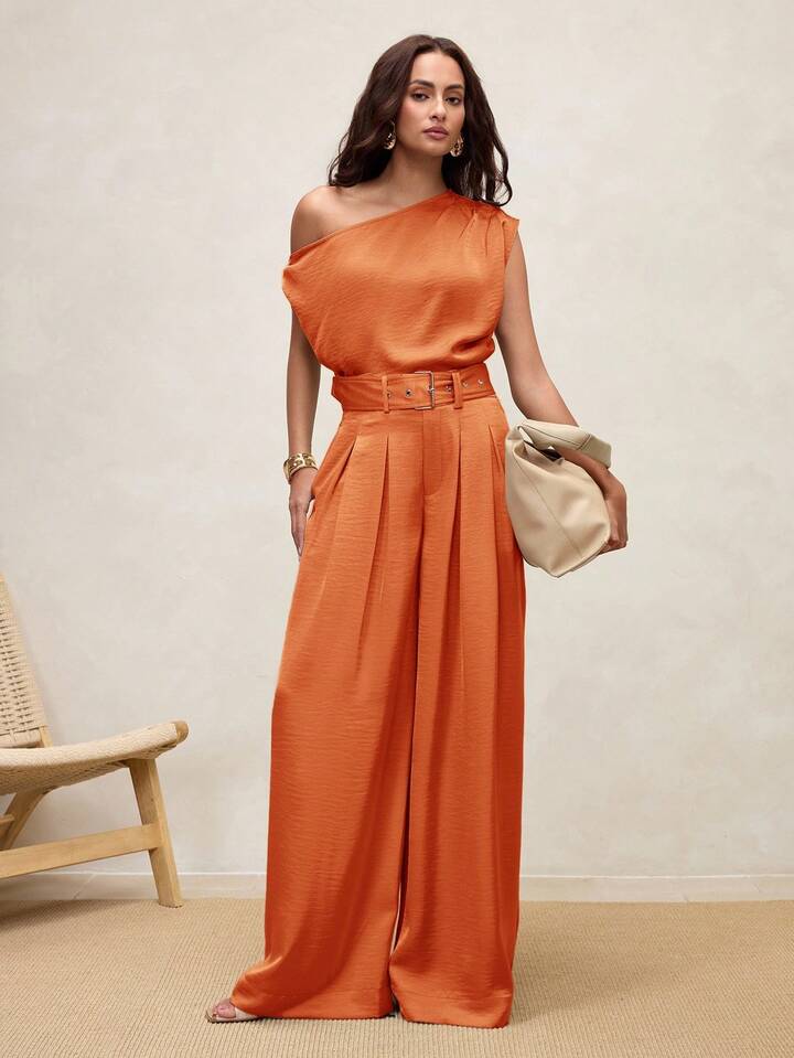 CM-BS906464 Women Casual Seoul Style High Waist Pleated Wide Leg Pants - Orange