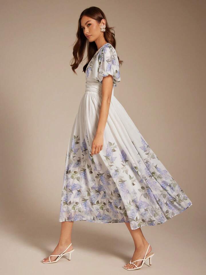 CM-DS779200 Women Elegant Seoul Style Tropical Lavander Print V-Neck Puff Sleeve Waist Cinched Maxi Dress