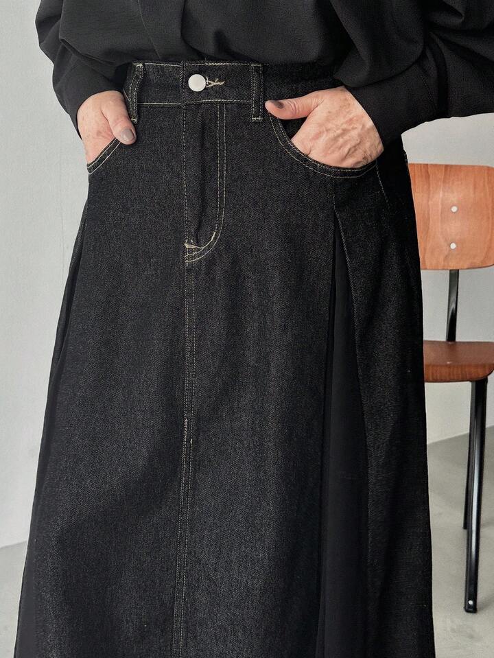 CM-BS090791 Women Casual Seoul Style Solid Color Mid Waist Slit Sheer Denim Maxi Skirt - Black
